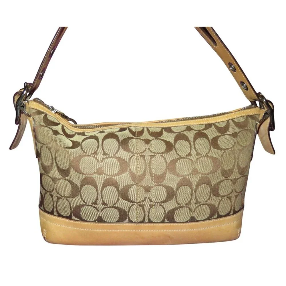 Coach 2005 Y2K Signature Khaki Canvas & Vachetta Leather East West Demi Baguette